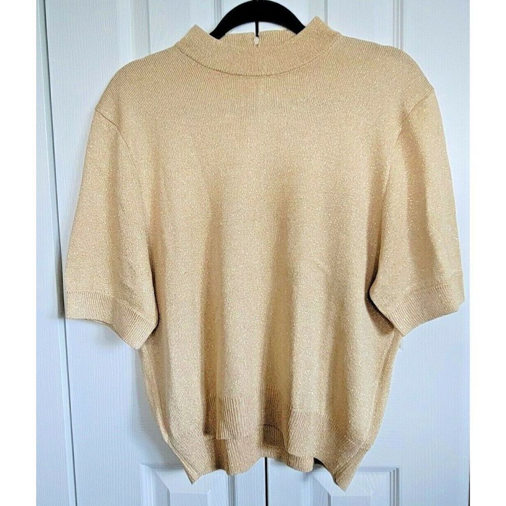 St. John L Vintage Gold Metallic Santana Knit SS‎ Zip Back Sweater Mock Neck